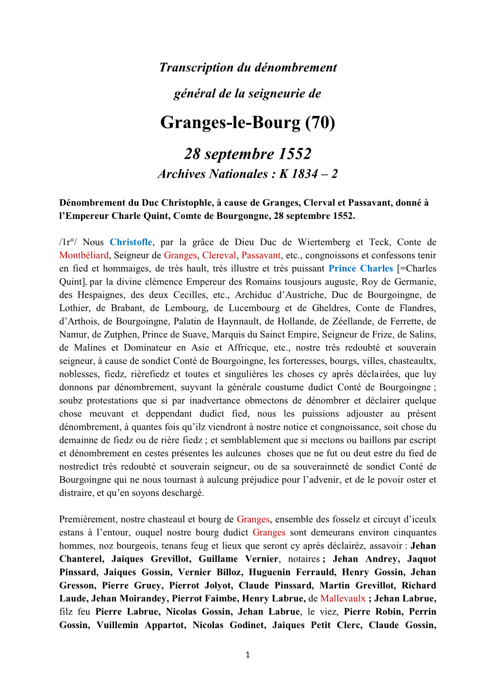 Granges-Le-Bourg (70) 28 Septembre 1552 Archives Nationales : K 1834 – 2