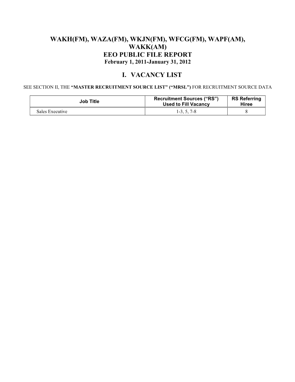 WAKH(FM), WAZA(FM), WKJN(FM), WFCG(FM), WAPF(AM), WAKK(AM) EEO PUBLIC FILE REPORT February 1, 2011-January 31, 2012