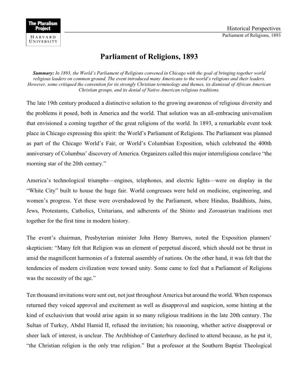 Parliament of Religions, 1893