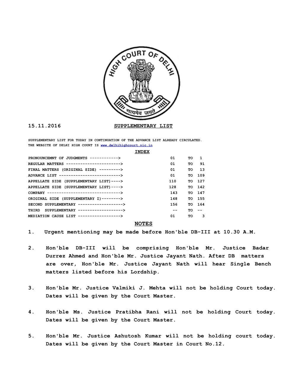 15.11.2016 Supplementary List