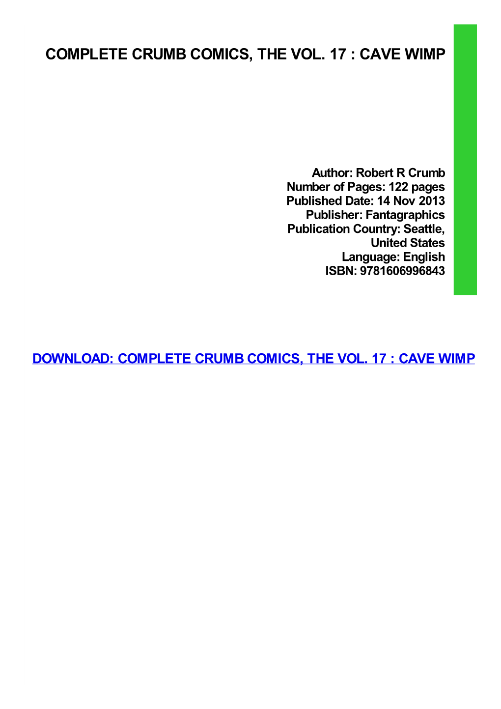 Complete Crumb Comics, the Vol. 17 : Cave Wimp Pdf Free Download