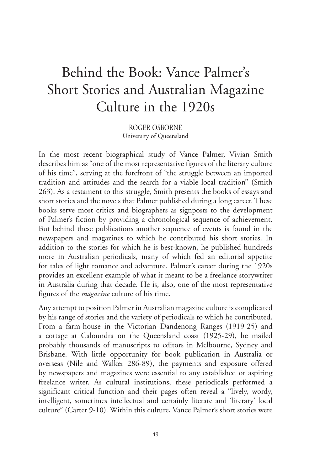 Vance Palmer's Short Stories and Australian Magazine Culture in The