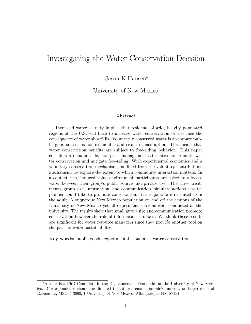 Investigating the Water Conservation Decision