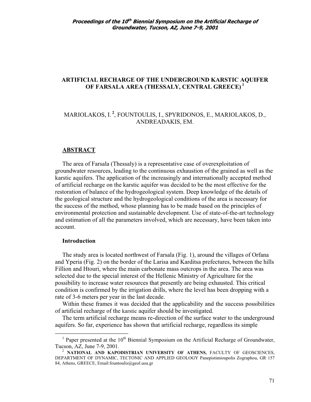 Artificial Recharge of the Underground Karstic Aquifer of Farsala Area (Thessaly, Central Greece) 1