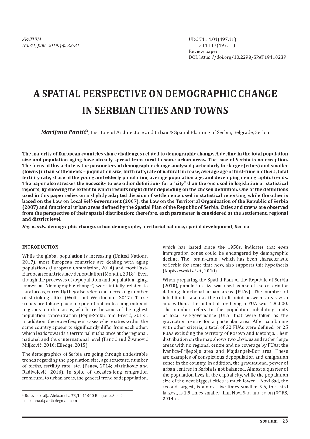 A Spatial Perspective on Demographic Change in Serbian Cities and Towns