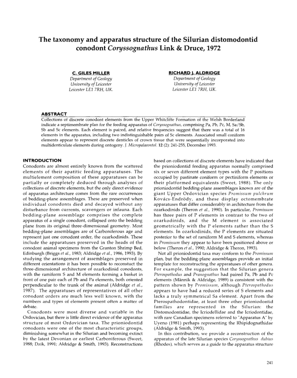 The Taxonomy and Apparatus Structure of the Silurian Distomodontid Conodont Coryssognathus Link & Druce, 1972