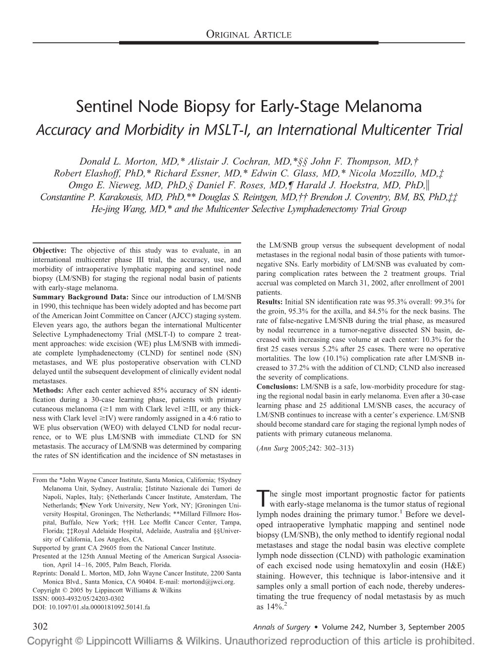 Sentinel Node Biopsy for Early-Stage Melanoma Accuracy and Morbidity in MSLT-I, an International Multicenter Trial