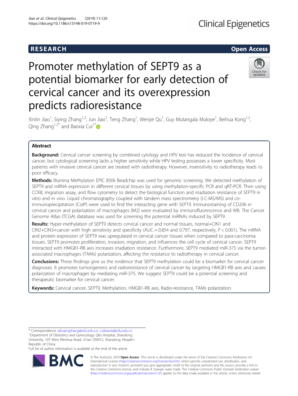 Promoter Methylation of SEPT9 As a Potential Biomarker for Early