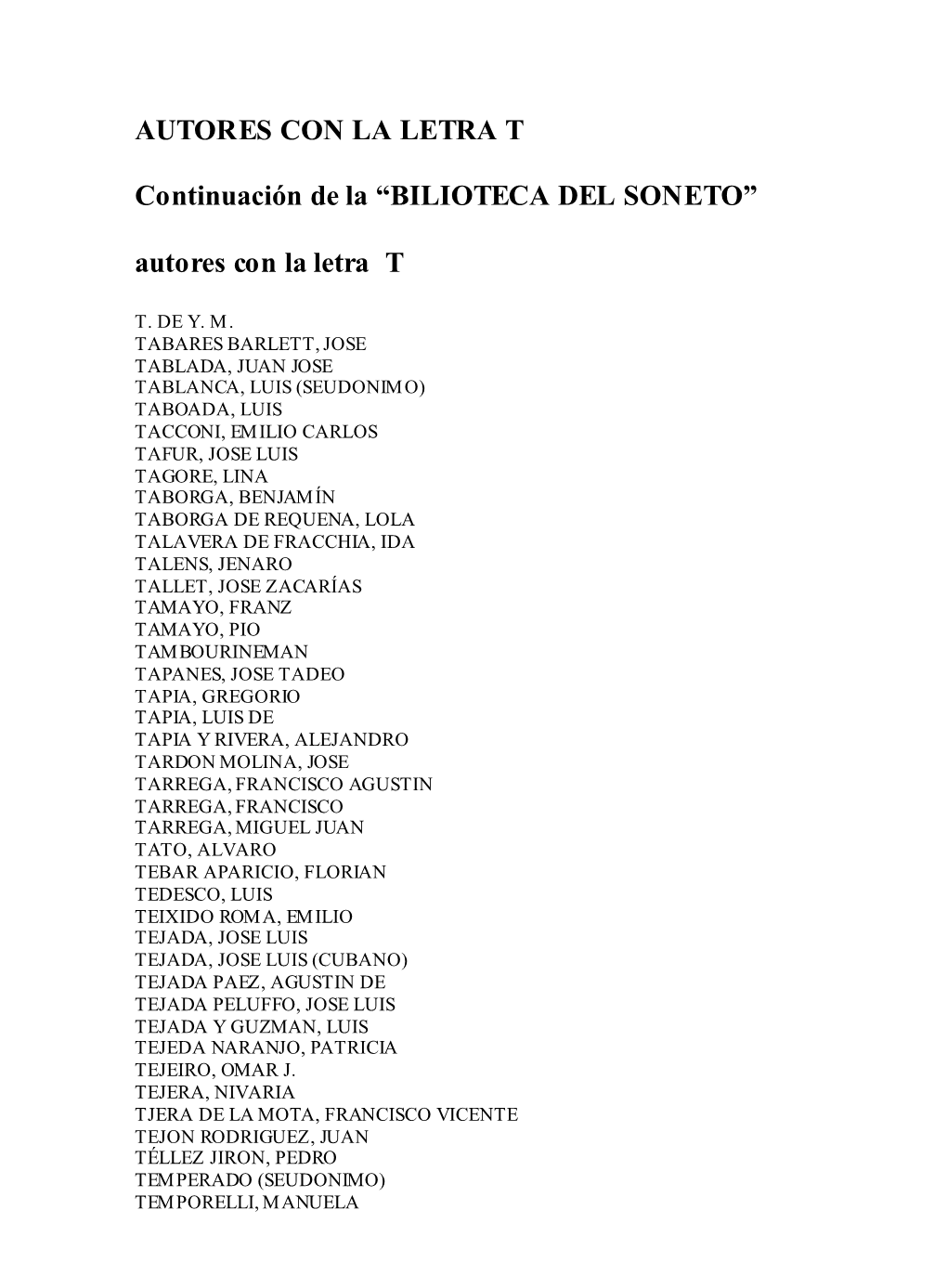 Pdf Biblioteca Del Soneto. Autores: Letra T