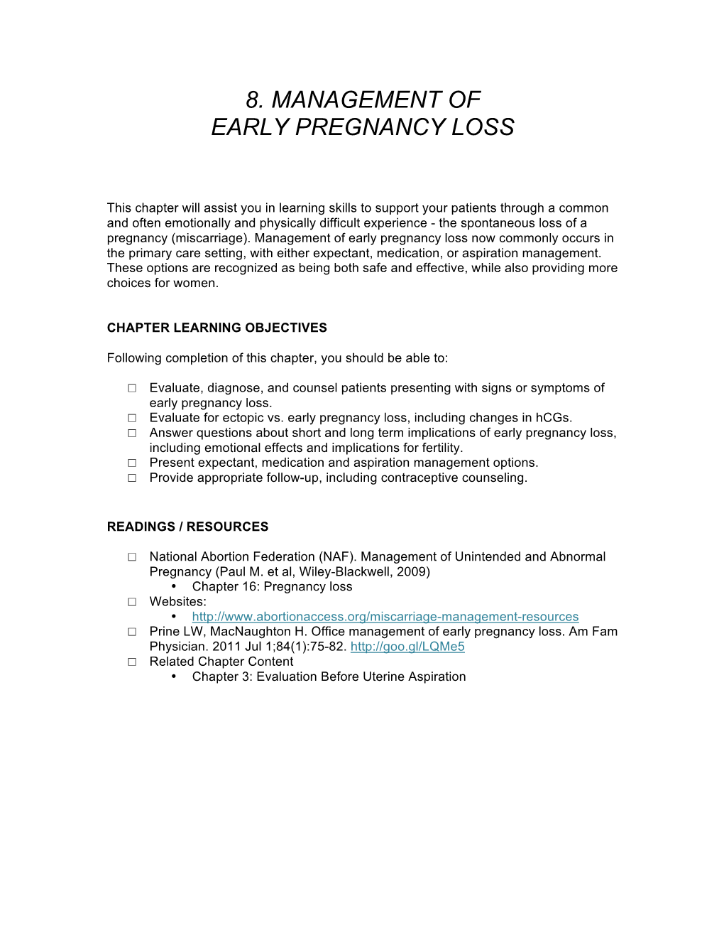 8. Management of Early Pregnancy Loss