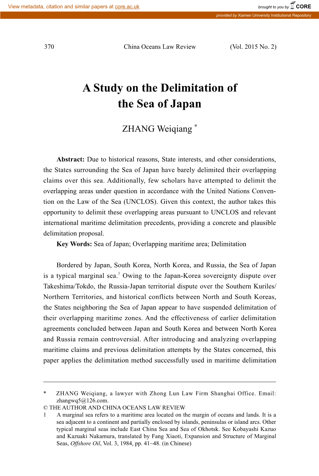 A Study on the Delimitation of the Sea of Japan