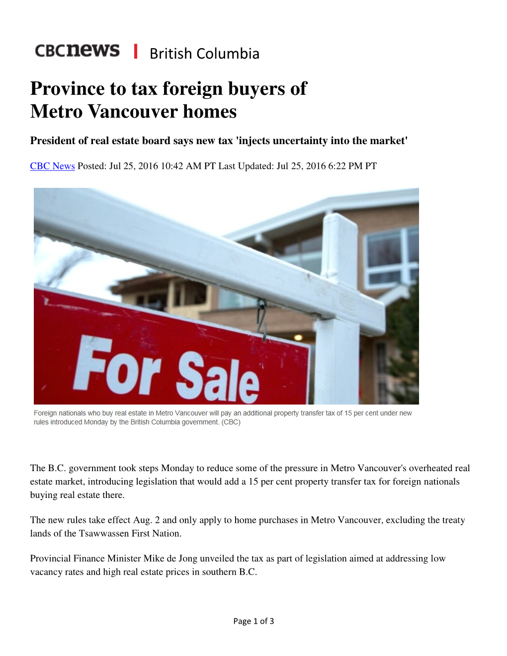 Province to Tax Foreign Buyers of Metro Vancouver Homes