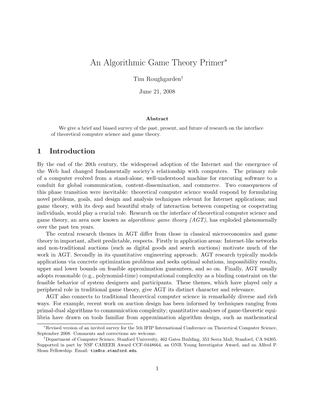 An Algorithmic Game Theory Primer∗