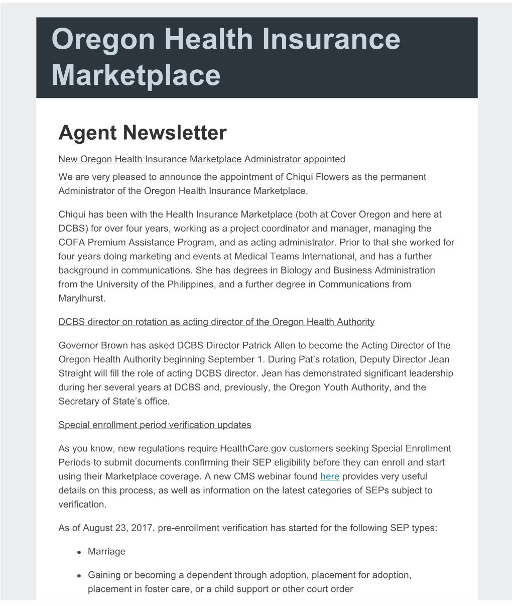 Oregon Health Insurance Marketplace Agent Newsletter