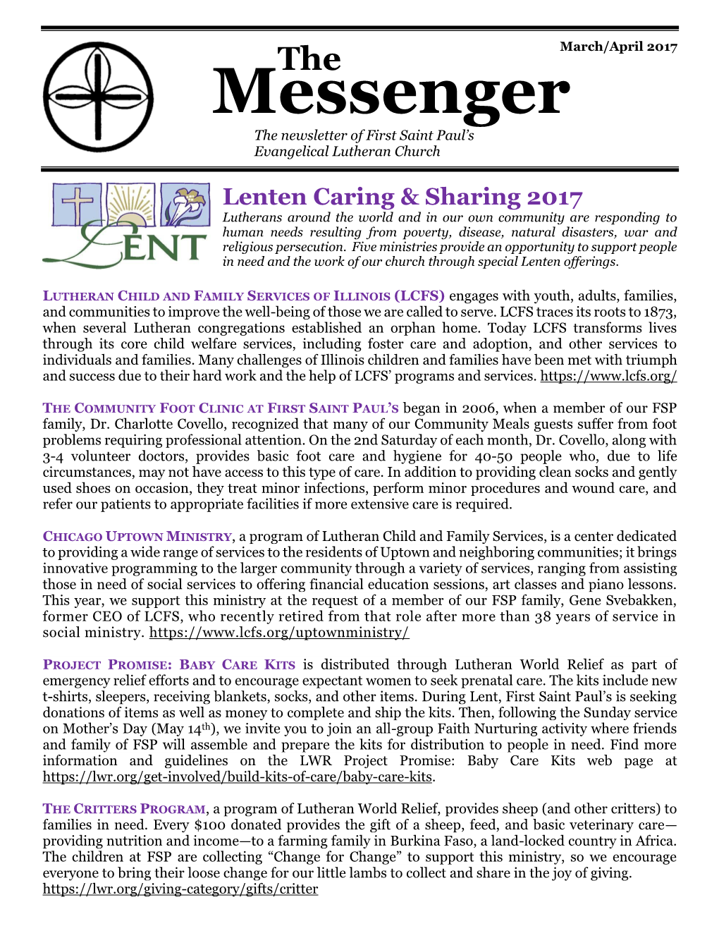 Messenger the Newsletter of First Saint Paul’S Evangelical Lutheran Church