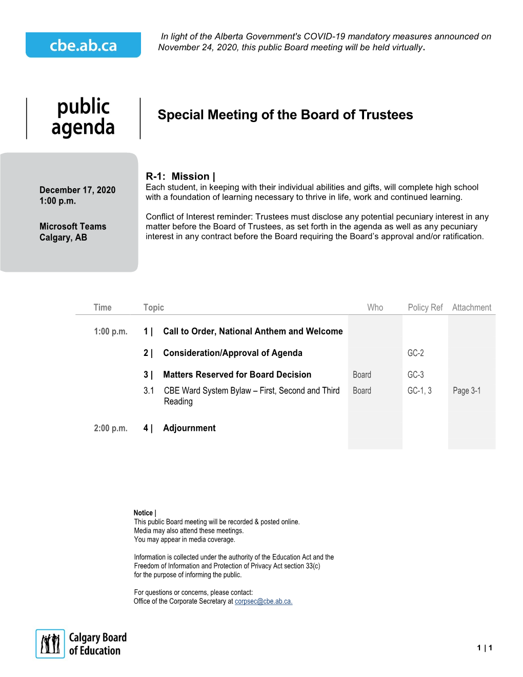 Special Meeting of the Board of Trustees