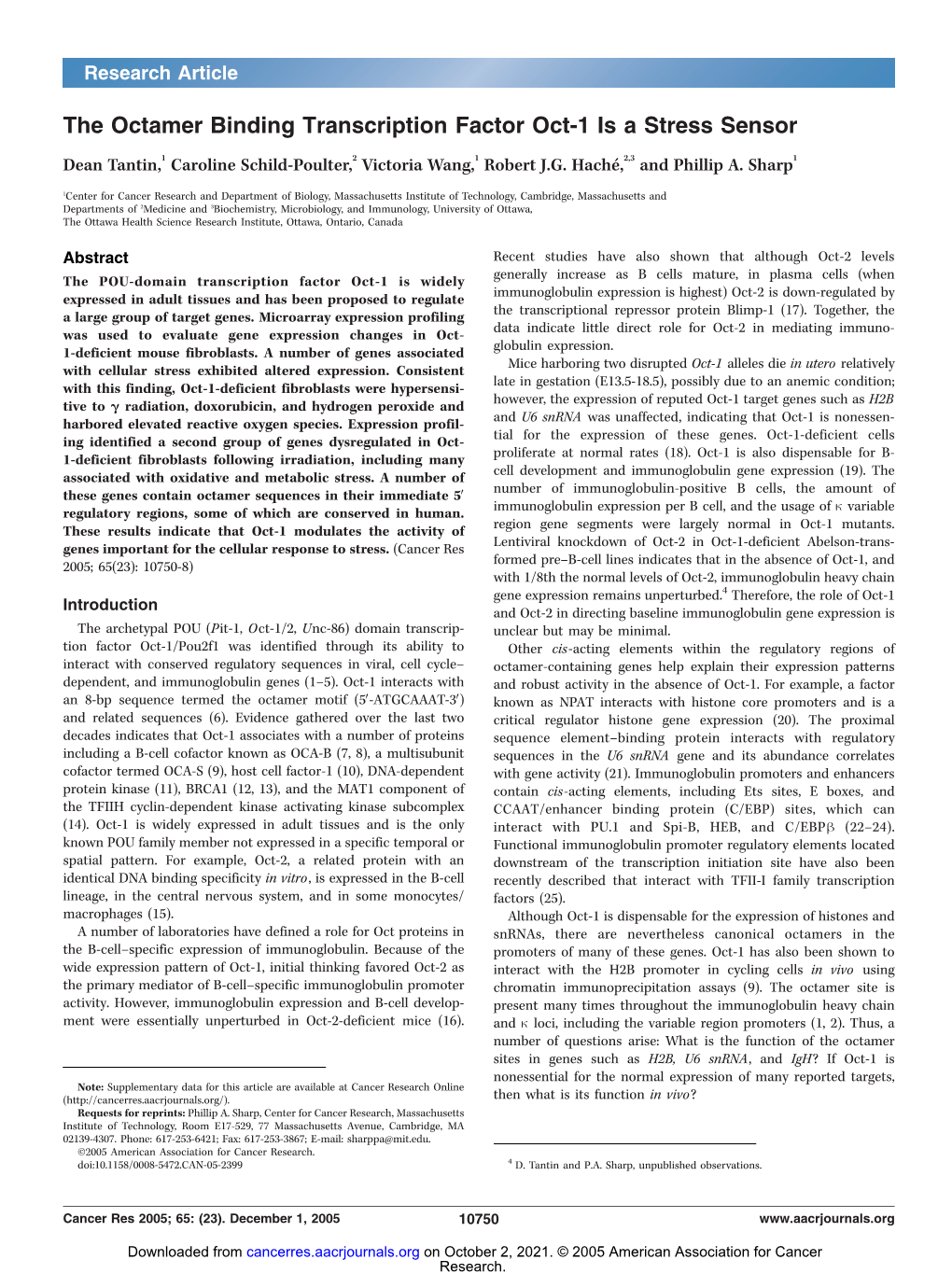 The Octamer Binding Transcription Factor Oct-1 Is a Stress Sensor