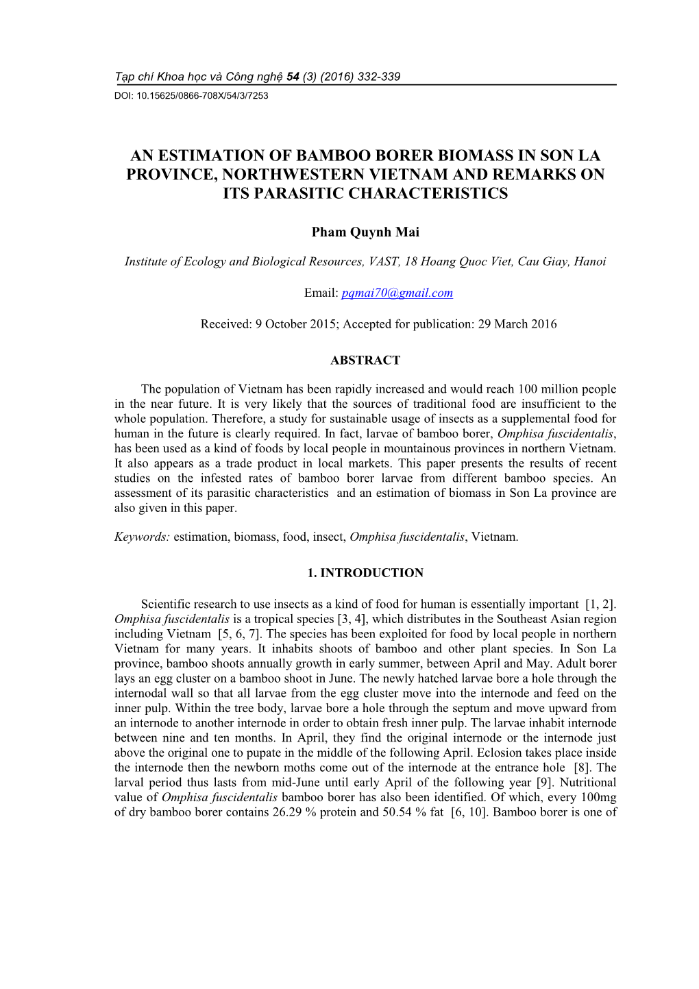 An Estimation of Bamboo Borer Biomass in Son La Province, Northwestern Vietnam and Remarks on Its Parasitic Characteristics