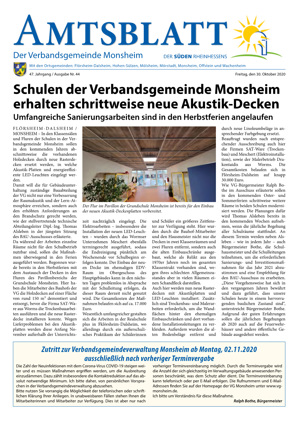 Schulen Der Verbandsgemeinde Monsheim Erhalten Schrittweise Neue Akustik-Decken Umfangreiche Sanierungsarbeiten Sind in Den Herbstferien Angelaufen