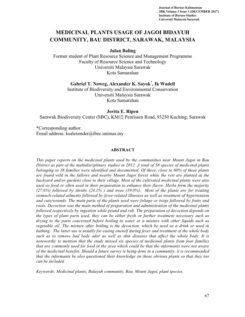 Medicinal Plants Usage of Jagoi Bidayuh Community, Bau District, Sarawak, Malaysia