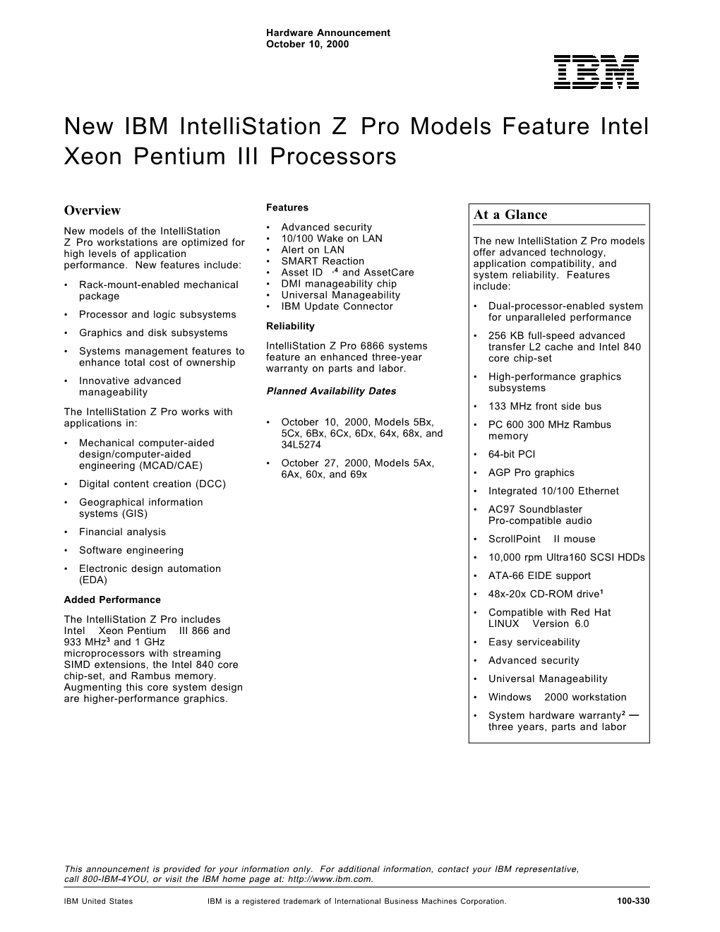 New IBM Intellistation Z Pro Models Feature Intel Xeon Pentium III Processors