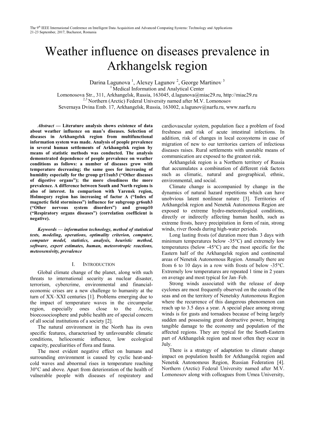 Weather Influence on Diseases Prevalence in Arkhangelsk Region