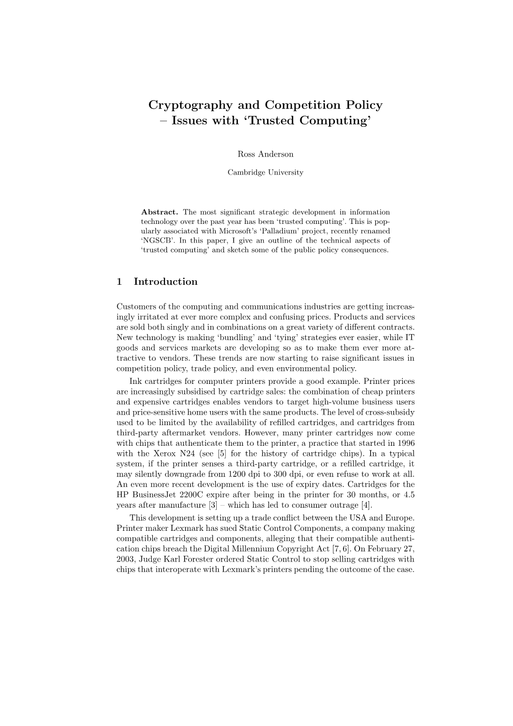 Cryptography and Competition Policy – Issues with 'Trusted Computing'
