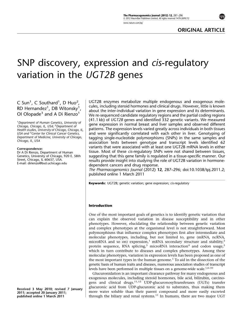 SNP Discovery, Expression and Cis-Regulatory Variation in the UGT2B Genes