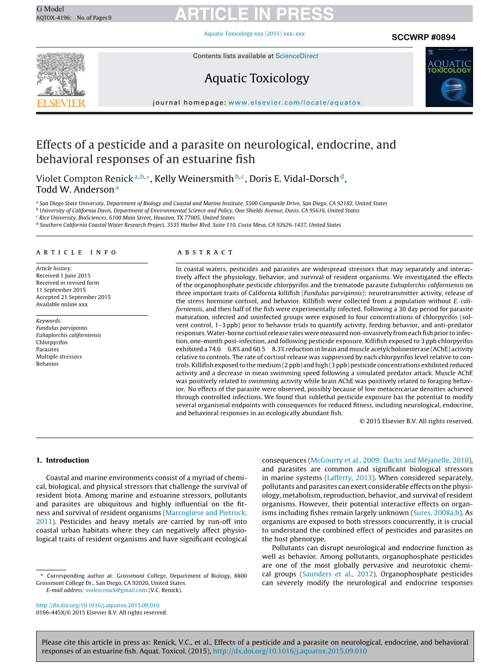 Effects of a Pesticide and a Parasite on Neurological, Endocrine, and Behavioral Responses of an Estuarine Fish