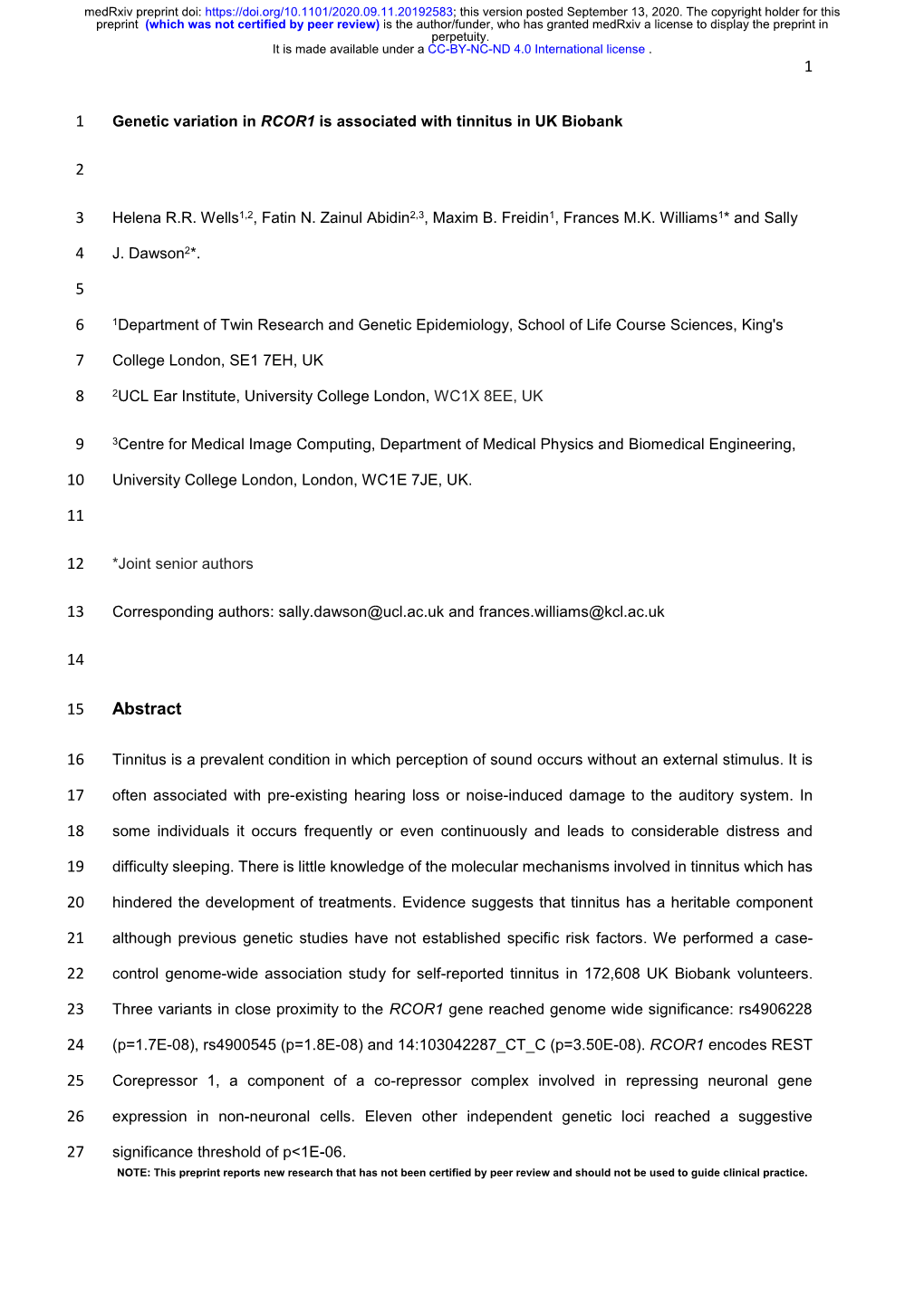 Genetic Variation in RCOR1 Is Associated with Tinnitus in UK Biobank