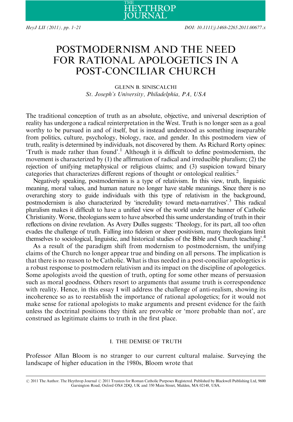 Postmodernism and the Need for Rational Apologetics in a Post-Conciliar Church