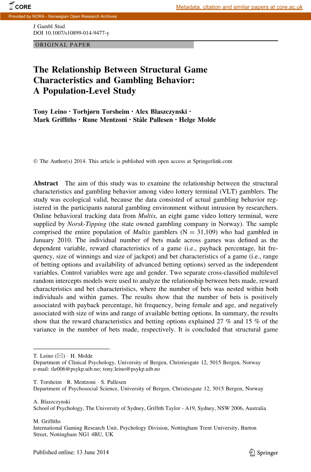 The Relationship Between Structural Game Characteristics and Gambling Behavior: a Population-Level Study