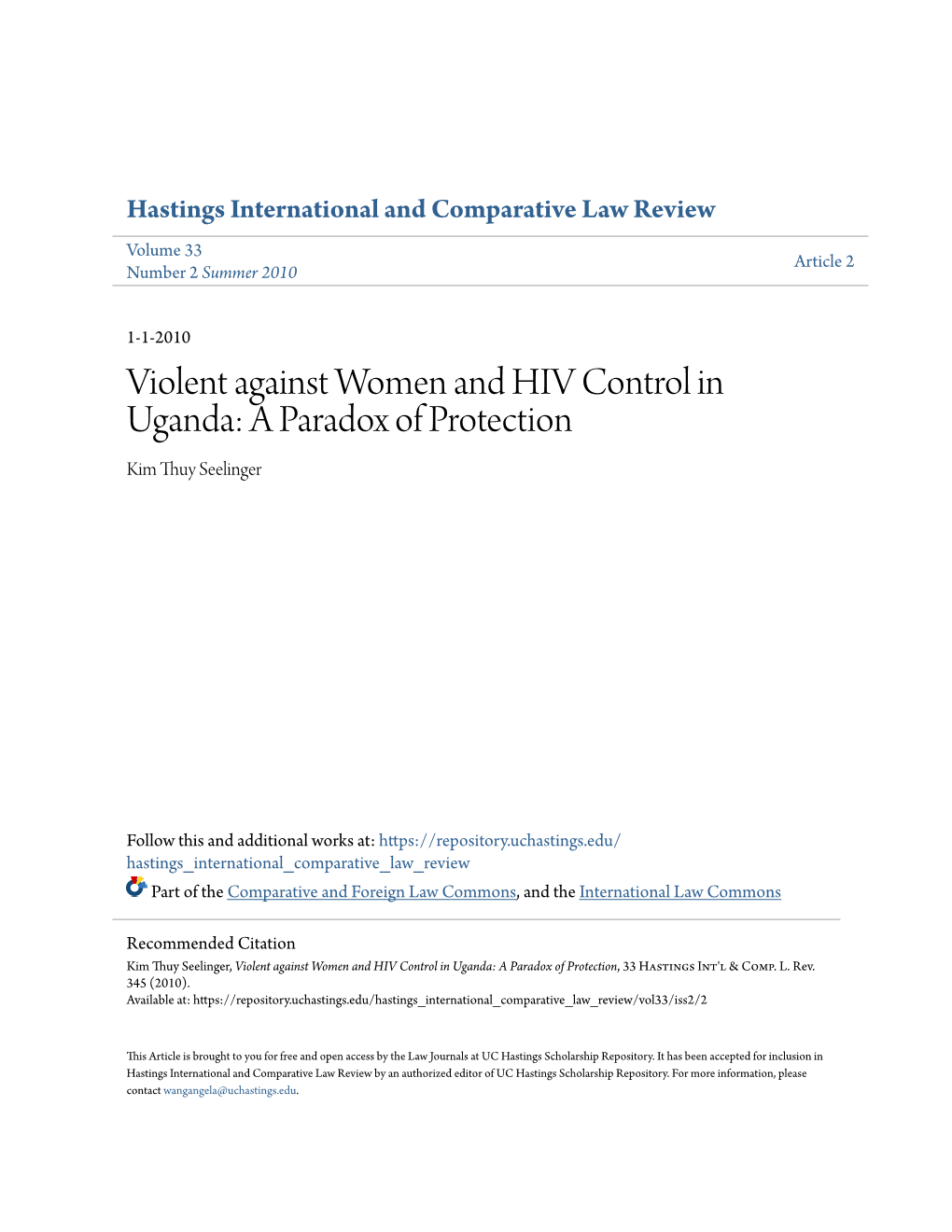 Violent Against Women and HIV Control in Uganda: a Paradox of Protection Kim Thuy Seelinger