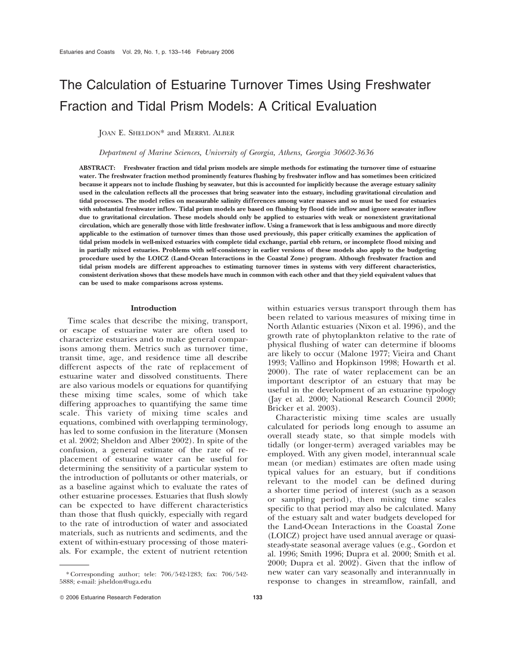 Sheldon, J.E. and Alber, M. 2006. the Calculation of Estuarine Turnover