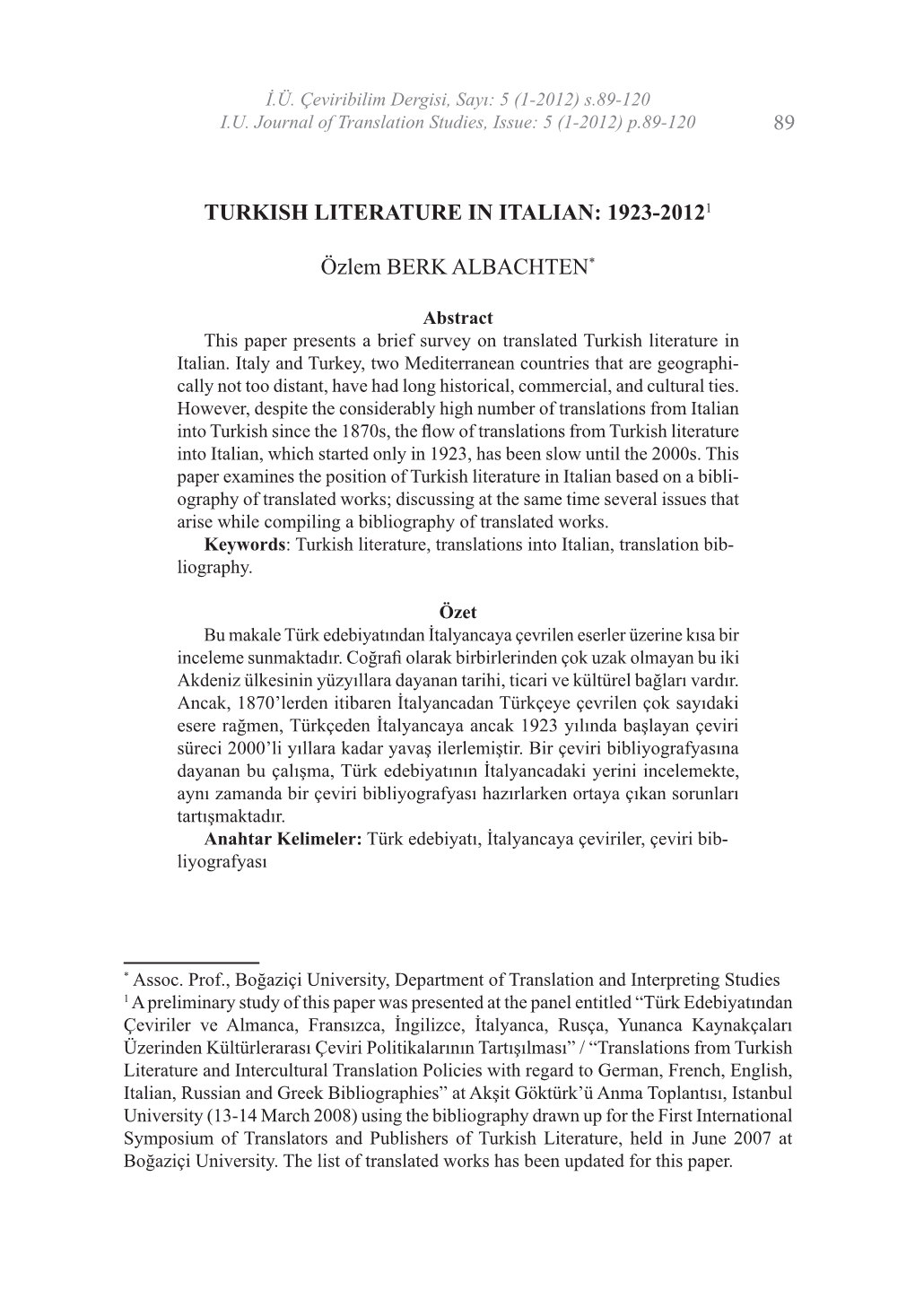 89 Turkish Literature in Italian: 1923-20121