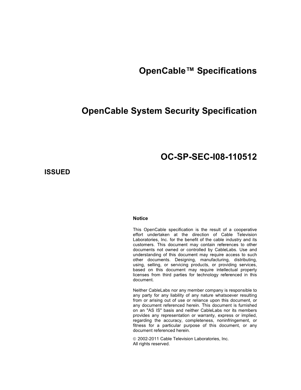 Opencable™ Specifications Opencable System Security