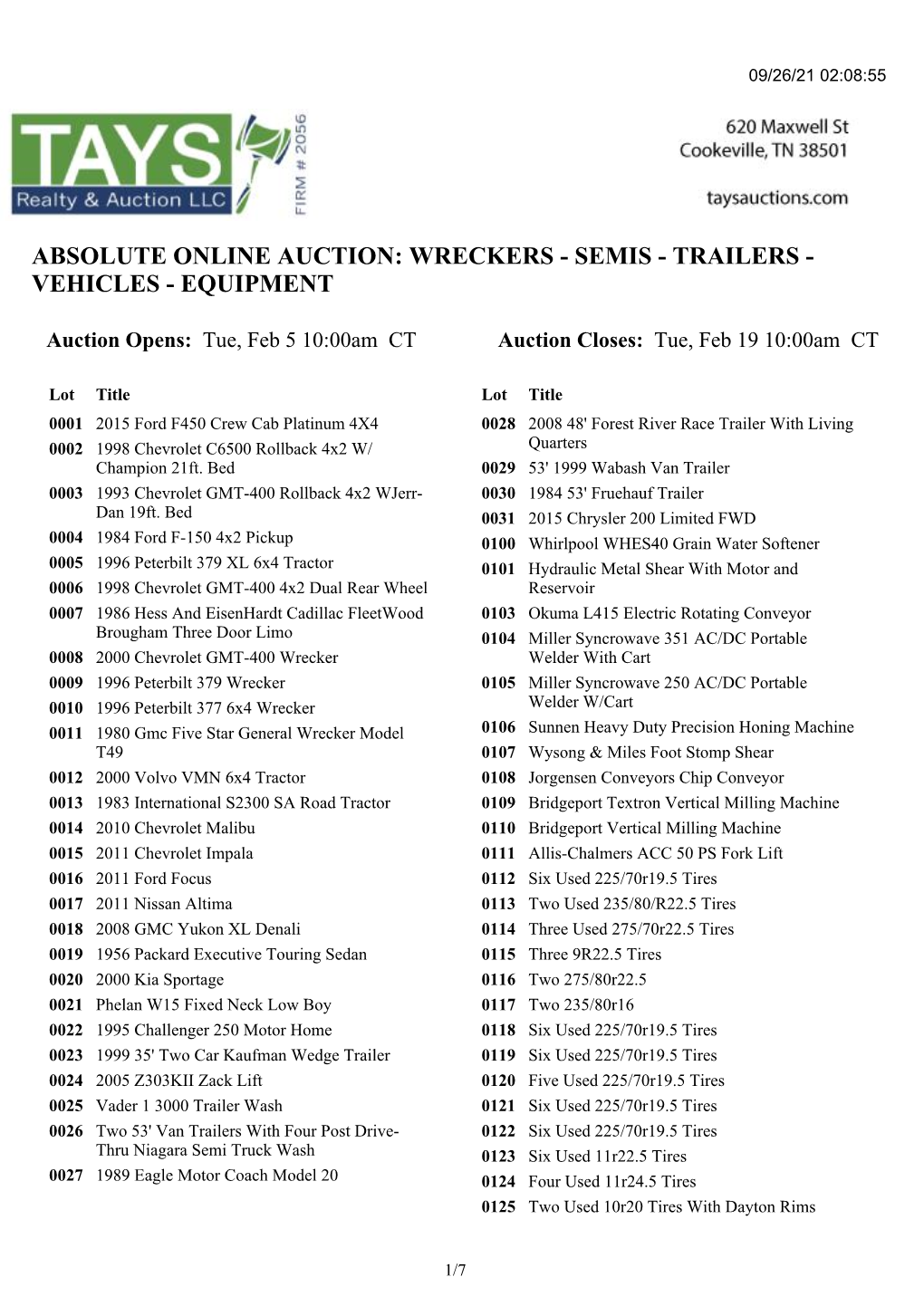 Absolute Online Auction: Wreckers - Semis - Trailers - Vehicles - Equipment