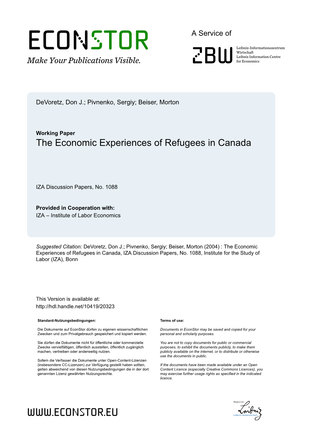 The Economic Experiences of Refugees in Canada