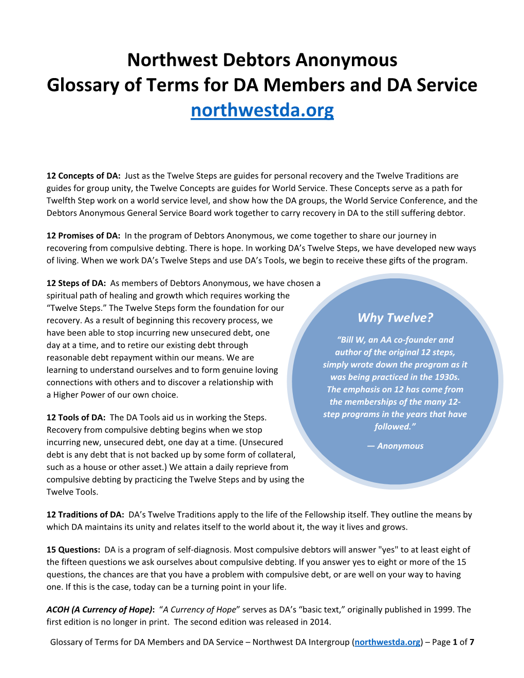 Northwest Debtors Anonymous Glossary of Terms for DA Members and DA Service Northwestda.Org