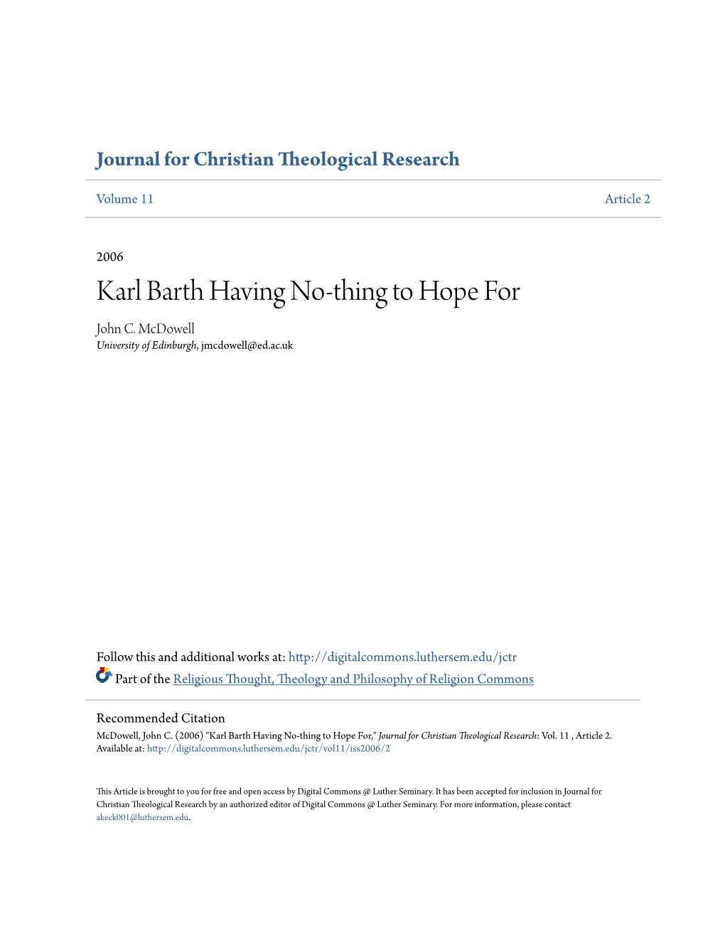 Karl Barth Having No-Thing to Hope for John C