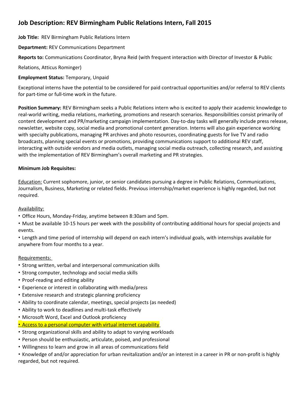 Job Description: REV Birmingham Public Relations Intern, Fall 2015