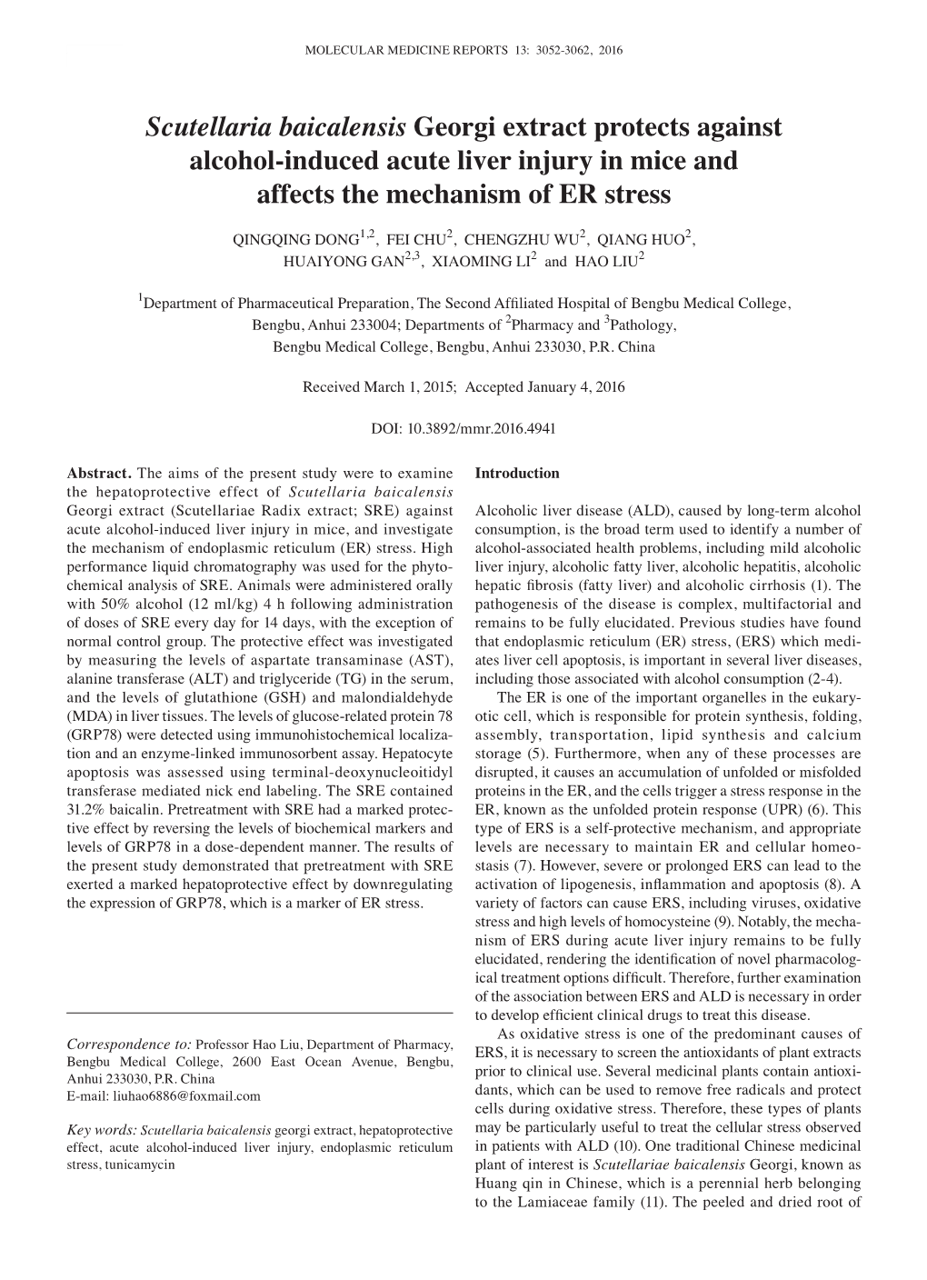 Scutellaria Baicalensis Georgi Extract Protects Against Alcohol‑Induced Acute Liver Injury in Mice and Affects the Mechanism of ER Stress