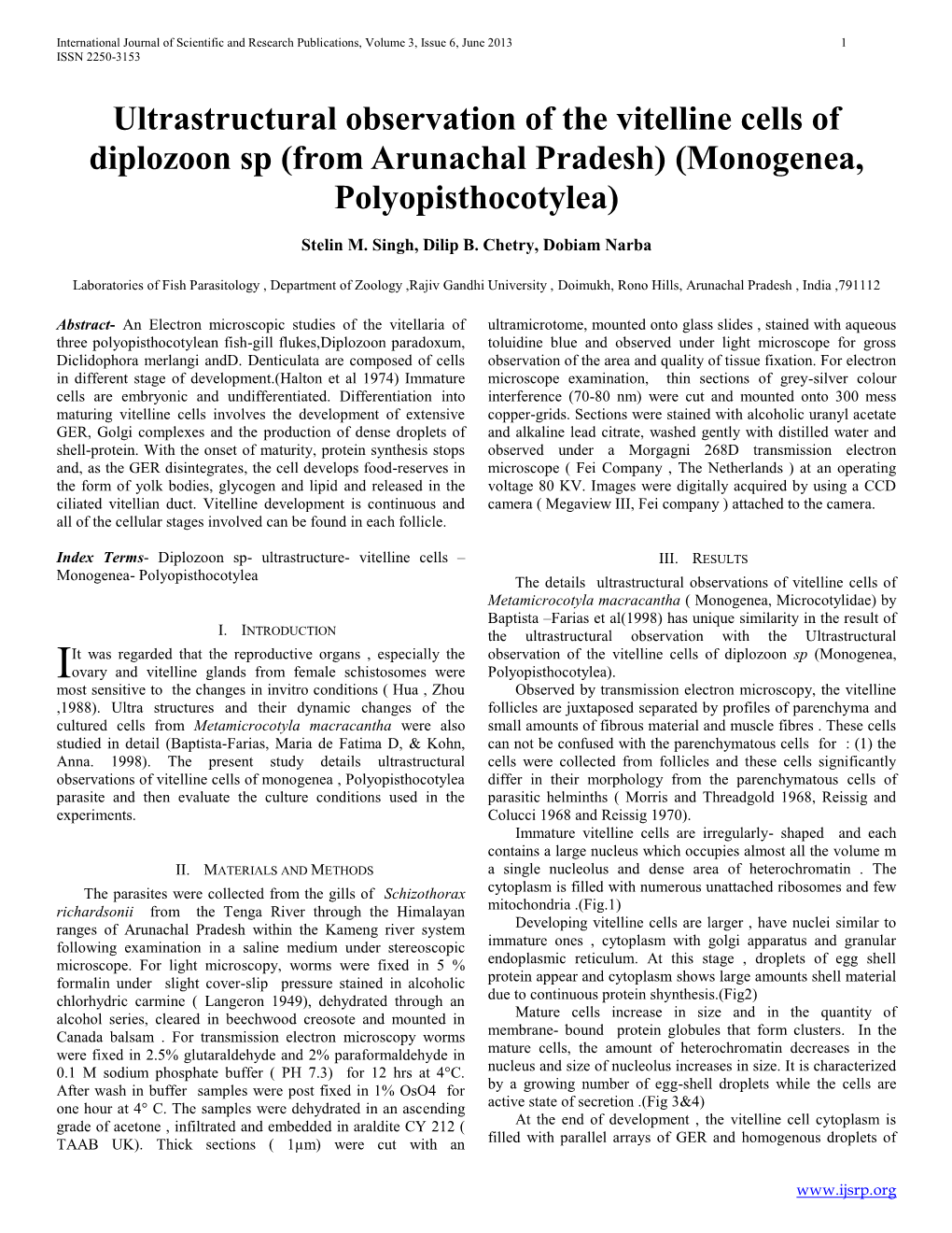 Ultrastructural Observation of the Vitelline Cells of Diplozoon Sp (From Arunachal Pradesh) (Monogenea, Polyopisthocotylea)