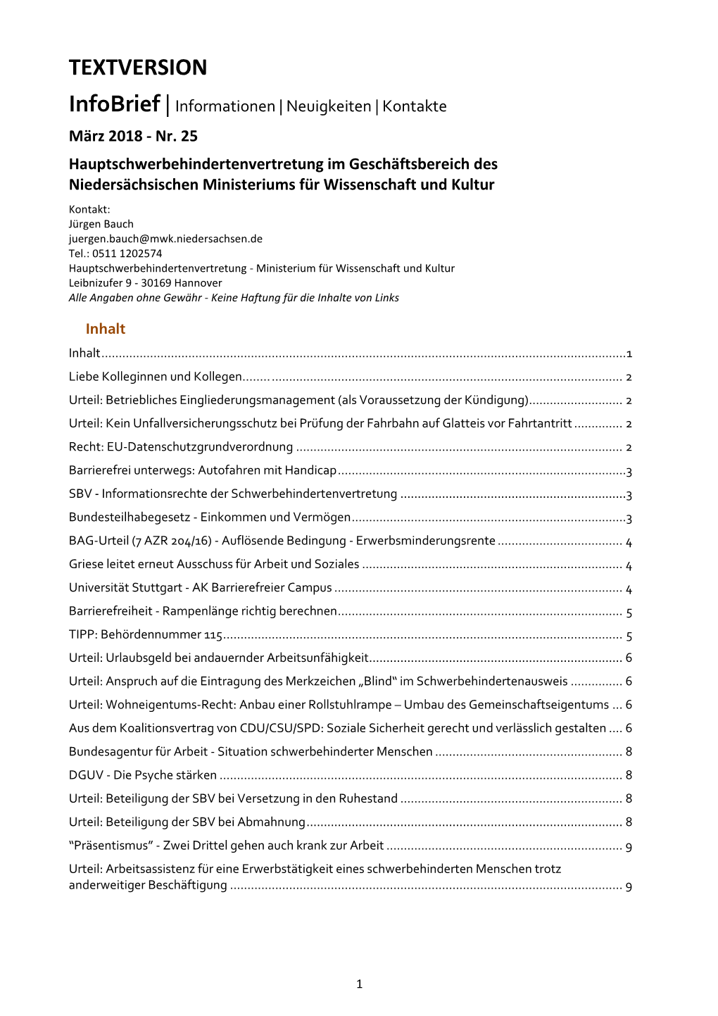 TEXTVERSION Infobrief | Informationen | Neuigkeiten | Kontakte März 2018 - Nr