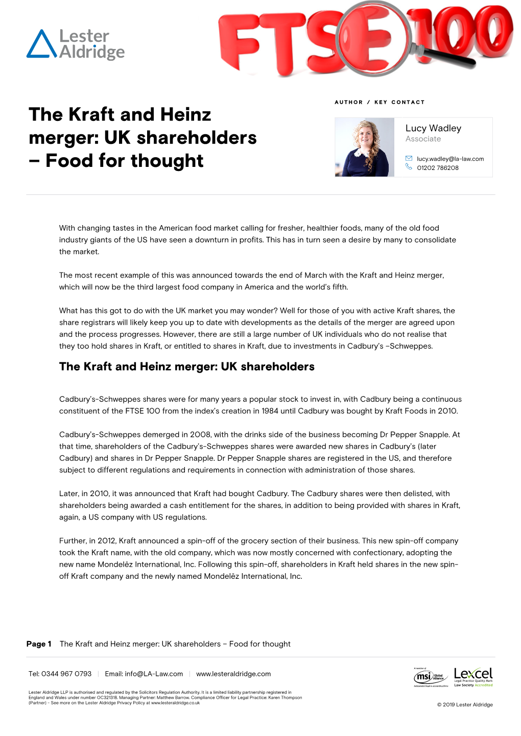 The Kraft and Heinz Merger: UK Shareholders – Food for Thought
