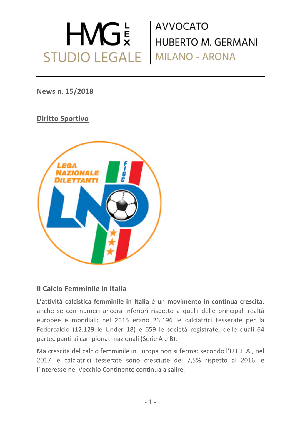 News N. 15/2018 Diritto Sportivo Il Calcio Femminile in Italia