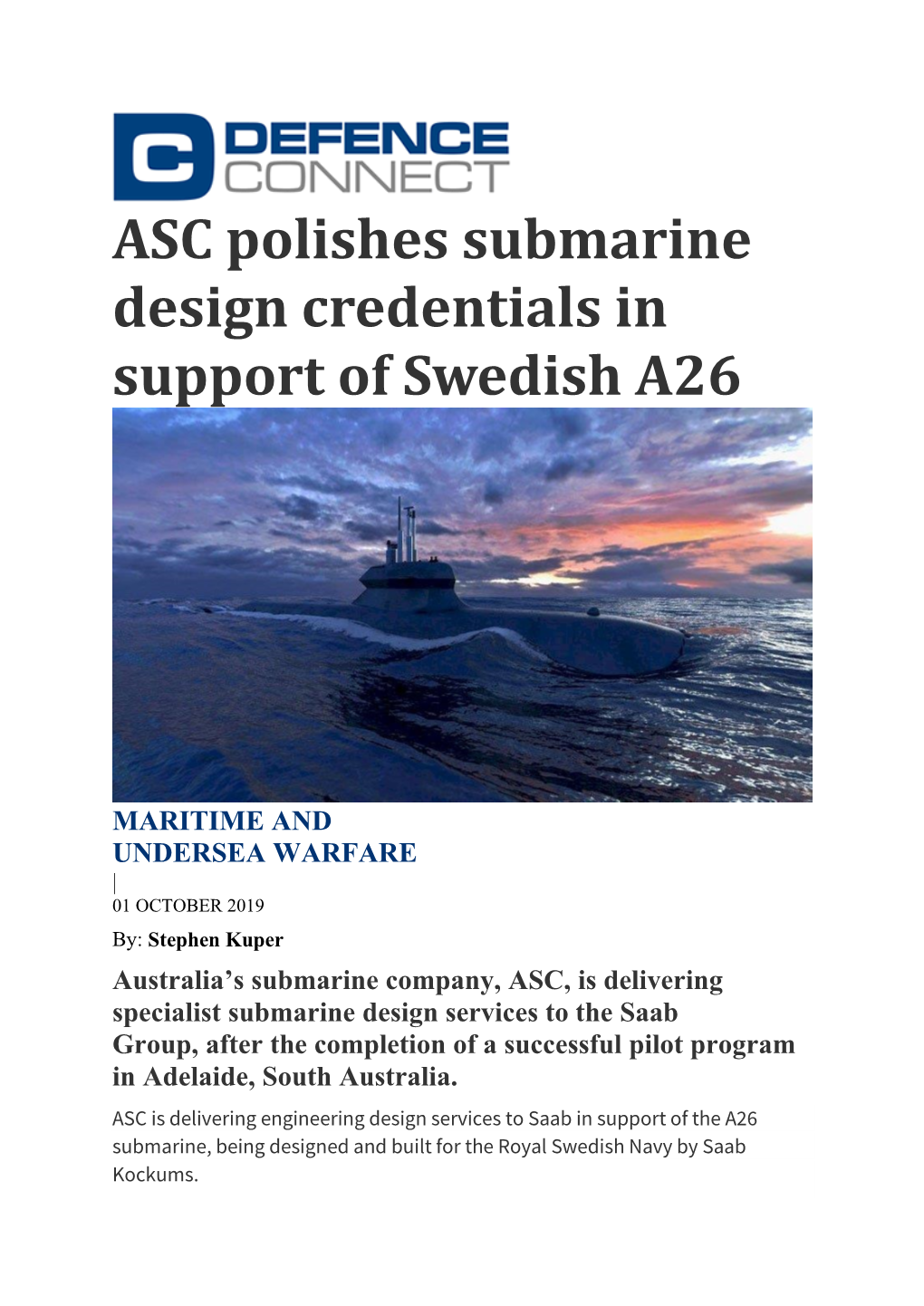 ASC Polishes Submarine Design Credentials in Support of Swedish A26