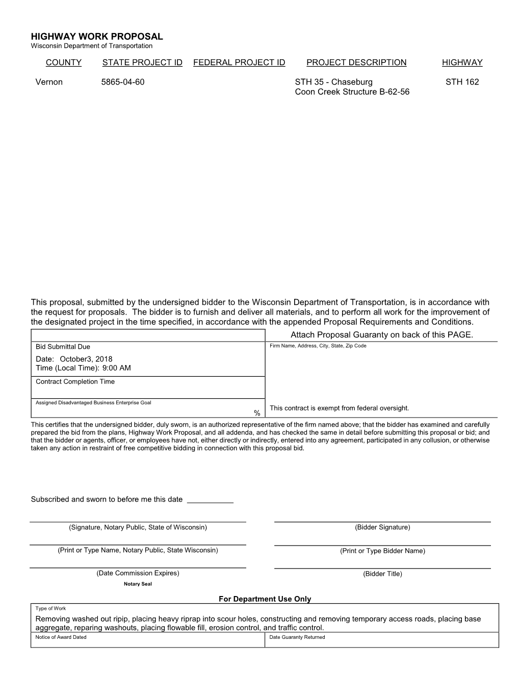 HIGHWAY WORK PROPOSAL Wisconsin Department of Transportation