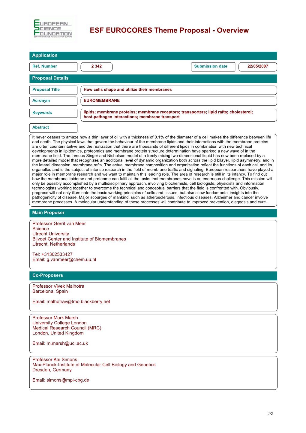 ESF EUROCORES Theme Proposal - Overview