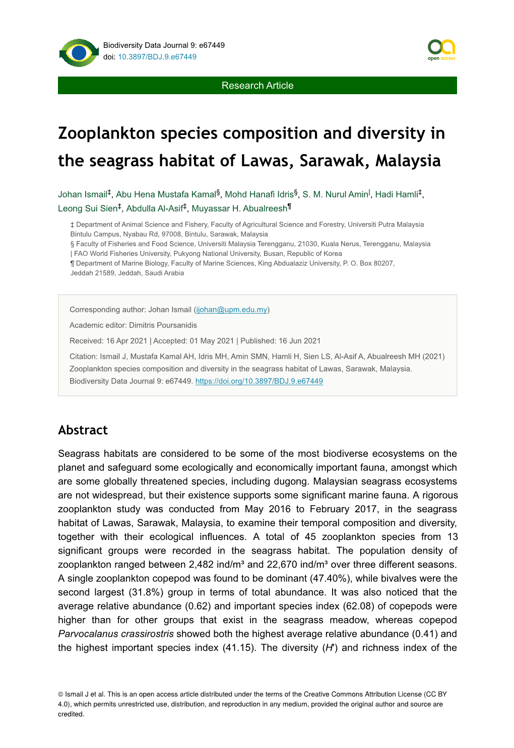 Zooplankton Species Composition and Diversity in the Seagrass Habitat of Lawas, Sarawak, Malaysia